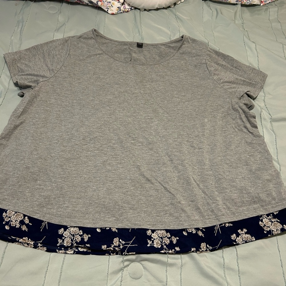 SHEIN Gray Top with Navy Floral Hem